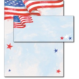 Painted American Flag Patriotic Stationery Paper with Envelopes Combo Pack - 40 Sets