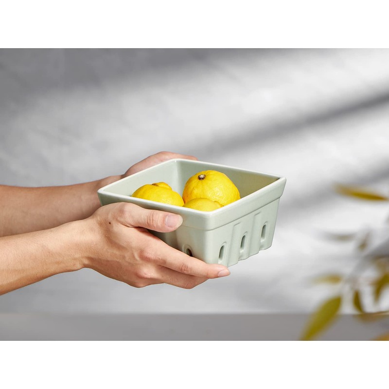 ONEMORE Ceramic Berry Basket, Square Fruit Bowls, Rustic Stoneware Berry