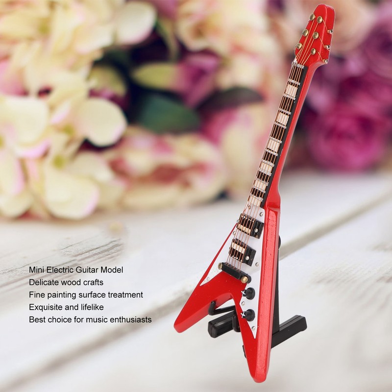 Red Miniature Electric Guitar Replica Wooden Mini Musical Instrument Model