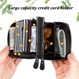 MBAIYO Credit Card Wallet Black Small Wallet Leather RFID Protection Card Holder with 14 Card Slots Accordion Wallet with Zip Credit Card Holder Wallet for Men and Women, black