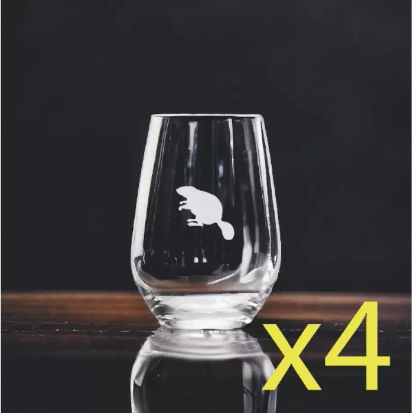 Unmarked Beaver Shape Stemless Wine Glasses x4 Premium 15 Oz