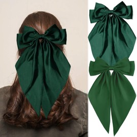 Green Hair Bows for Women Girls, Oversized Large Coquette Bow Aesthetic Hair, Silky Satin Long Tail Bowknot Hair Ribbons Big Bow Clip Accessories Trendy Stuff