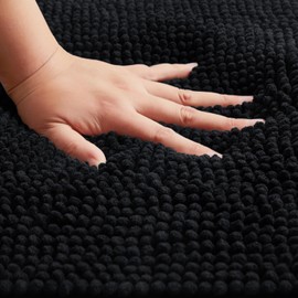 Moonlight Bedding Bath Mat Non Slip Anti Mould - Chenille Shower Mat Black 50 x 80 cm Super Absorbent Bathroom Mat Machine Washable Extra Soft Fluffy Bathmat