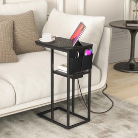 Livofloral C Table End Table with Charging Station, Small Side Table for Couch with Storage Bag, Couch Side Tables Living Room, C Shaped End Table for Sofa, Small Bedside Table for Bedroom, Black