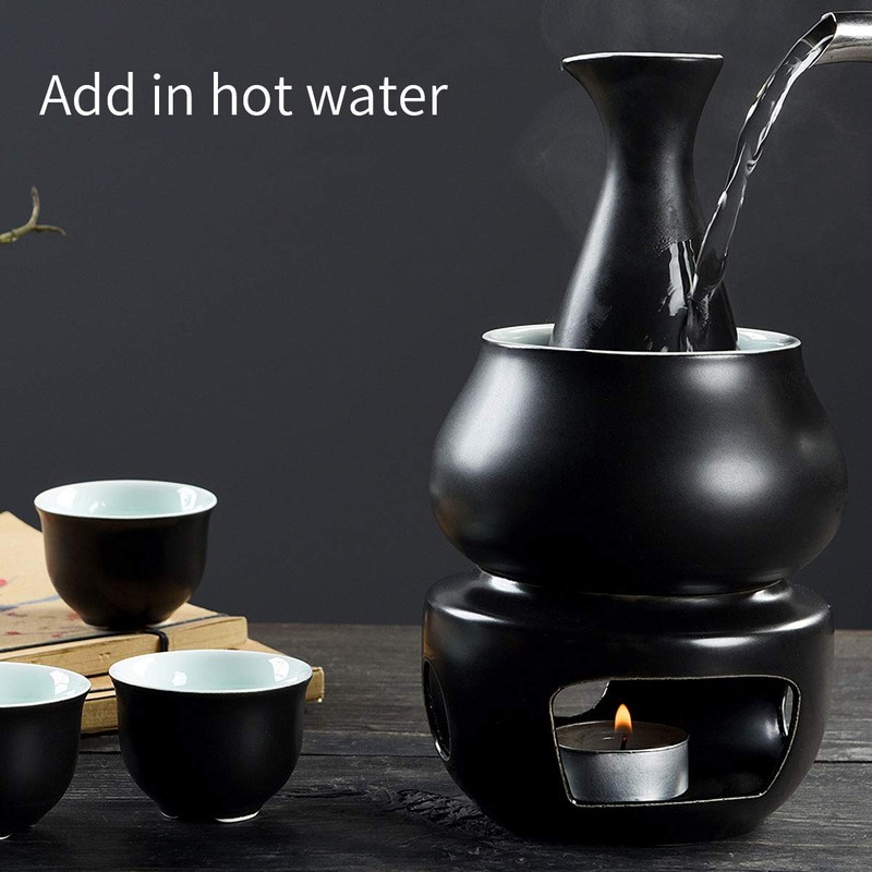 Dltsli Ceramic Sake Set with Warmer Pot Tray, Stovetop Porcelain