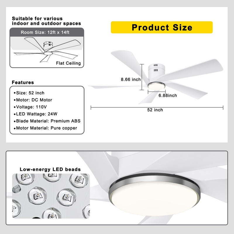 Ohniyou 52” Flush Mount Ceiling Fan with Lights, Remote &