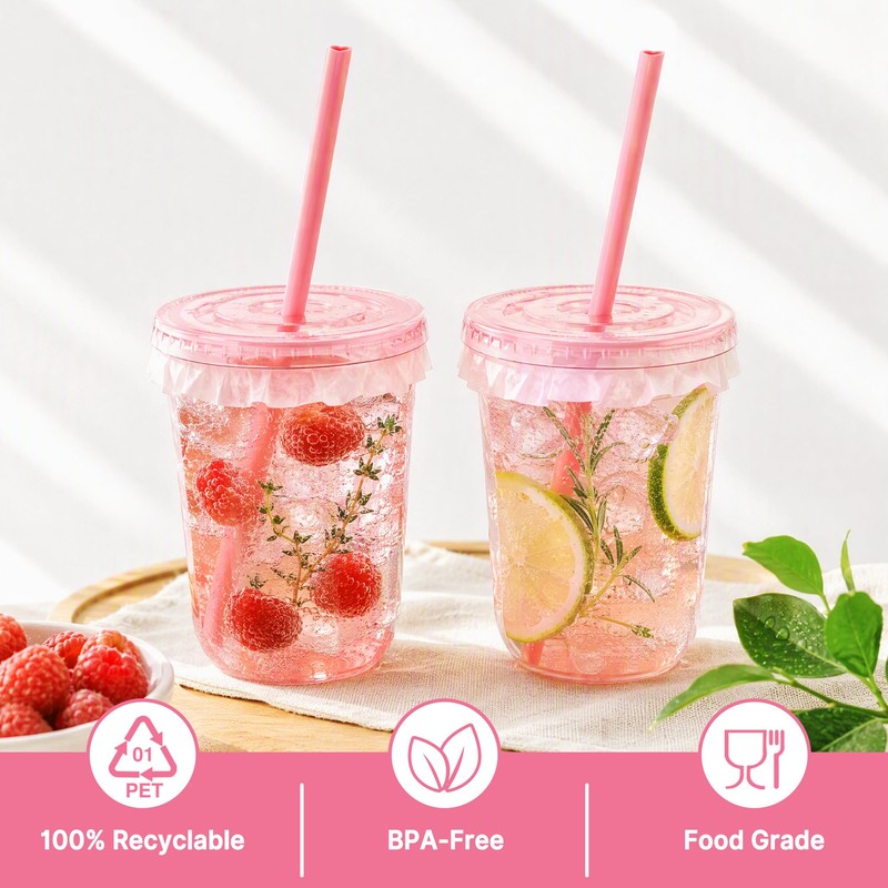 100 Pack Pink Plastic Cups with Lids and Straws 16