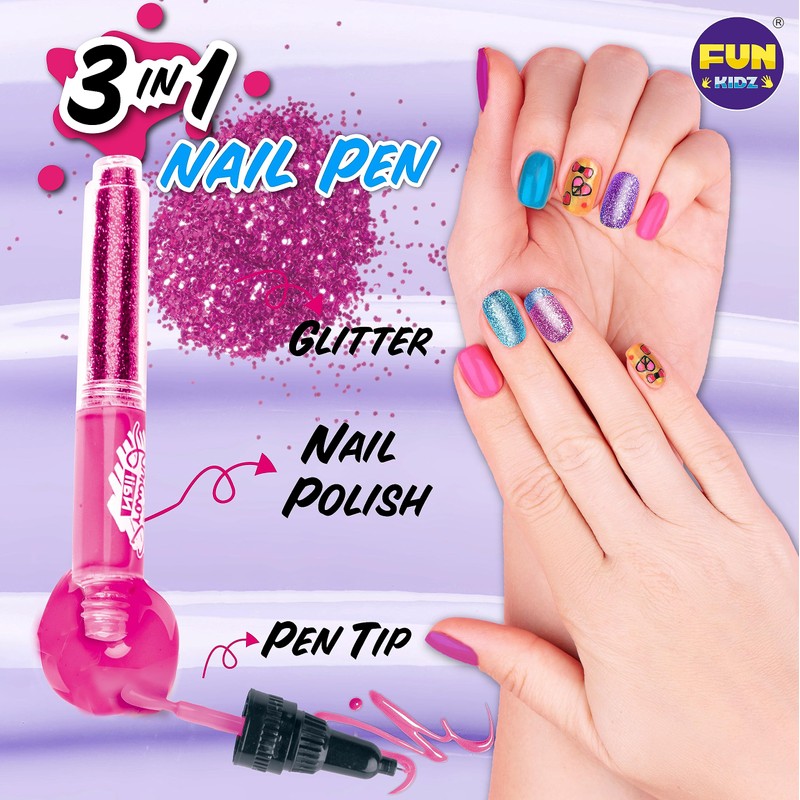  Nail Polish Kit for Kids Ages 7-12, FunKidz Nail Pens Combo  Kit Girl Gift Peelable Nail Art Studio Set with Cool Girly Decoration  Stuff- Polish, Pen, Pearls, Glitter, Stickers, Filer