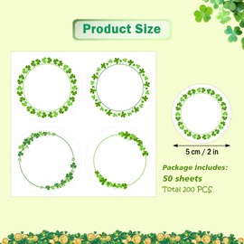 Wonmon 2 Inch Round St. Patrick's Day Stickers, Shamrock Label Tags Stickers for Kids Envelopes Gifts Boxes Wrapping Greeting Cards, Clover Labels for Mason Jar Lids Spice Pantry, 200 PCS