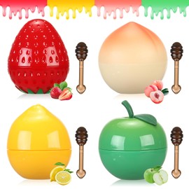 4 piezas de bálsamo labial de abeja, mascarilla labial de frutas en tarrito, fresa y manzana y limón y melocotón, mascarilla hidratante para labios para dormir, tratamiento labial nocturno para
