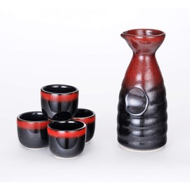 Hinomaru Collection Reactive Glaze Japanese Sake Set Tokkuri 10 fl oz Bottle with Four Sake Ochoko Cups 2 fl oz Drinkware (Red Black)