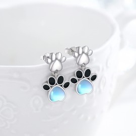 Moonstone Earrings 925 Sterling Silver Cat Paw Print Stud Earrings Heart Earrings Animal Hanging Earrings Jewellery for Women Girls Ladies Daughter, Sterling Silver