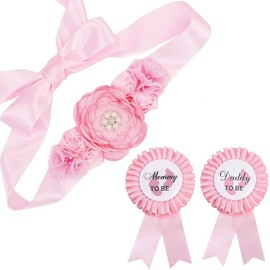 ChungLong0593 Blue Mommy to Be & Daddy to Be Ribbons Flower Belly Belt Set - Ideal for Baby Shower Celebrations-D