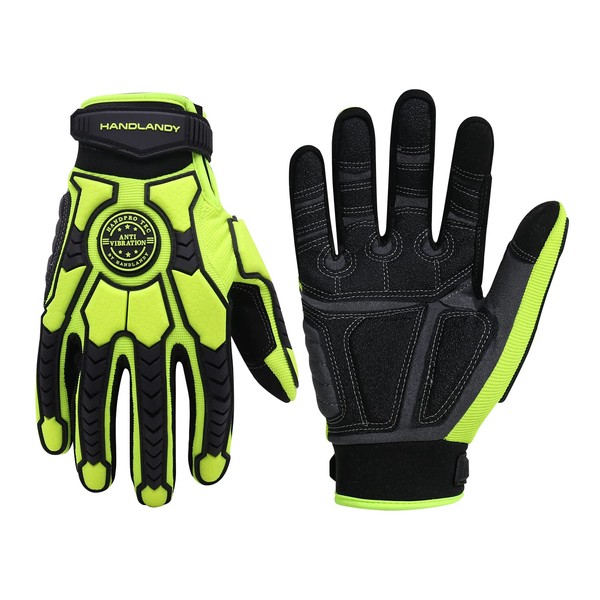 HANDLANDY Anti Vibration Gloves Men Impact Resistant Work Gloves, Padded Palm Grip Heavy Duty Working Gloves (Large, Yellow)
