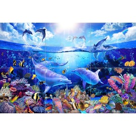 Ceramic Backsplash Tile Mural Dolphin Whale Underwater Ocean Fish Kitchen/Bathroom/Shower - Day of The Dolphins - Christian Riese Lassen