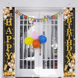 Happy Birthday Welcome Porch Sign, Fabric Theme Party Banner Decorations, Hanging Birthday Party Backdrop Supplies, for Indoor Outdoor Yard Wall Doorway (2PCS)
