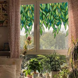 ChicSkin Original Hand Drawn Stained Glass Window Hanging Clings, Floral Window Film Decorative Textured Window Cling, Spring Vine Glass Window Decor Green Leaves Window Stickers 16.93"X45.28"