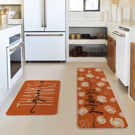 Artoid Mode Turkey Pumpkin Maple Leaves Thanksgiving Kitchen Mats Set of 2, Home Decor Low-Profile Kitchen Rugs for Floor - 17x29 and 17x47 Inch