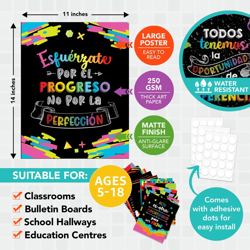 Decorably 15 Vibrant Chalkboard Themed Spanish Motivational Posters for Classroom,