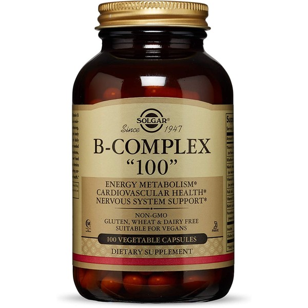 Solgar B-Complex "100", 100 Vegetable Capsules - Heart Health - Nervous System Support - Supports Energy Metabolism - Non GMO, Vegan, Gluten Free, Dairy Free, Kosher, Halal - 100 Servings