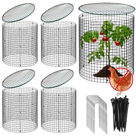5 Sets of 12'' x 12'' Plant Protectors Cages from Animals with Covers - For Outdoor Plants Metal Plant Cage Chicken Wire Cloche with Ground Stakes Nylon Tie, Garden Wire Plant Cage to Keep Animals Out