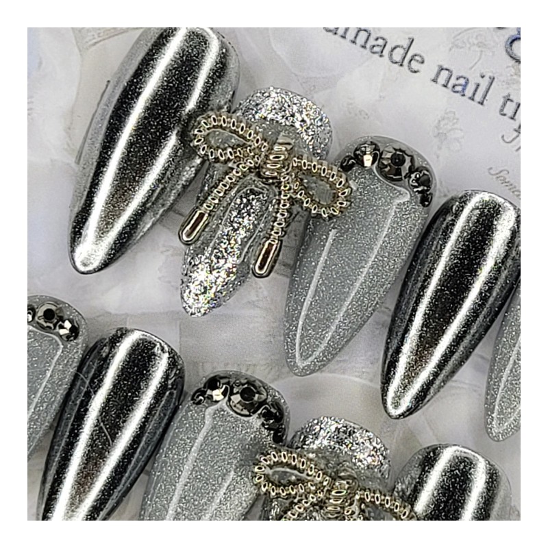 Metallic Silver Handmade Nail Tips - Oval S / 메탈릭