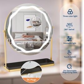 GAOMON Vanity Mirror with Lights, LED Desktop Bulb Mirror with 10X Magnification, Dual Touch Button Switch and Even LED Light Ring, Sturdy Iron Frame and MDF Backboard.