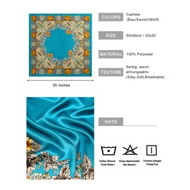 Kajeer Pack of 3 Headscarf Silk Scarf for Women - 90 x 90 cm Large Square Elegant Scarves Scarf for Women Satin Bandana Girls Headscarf Hair Accessories, Cashew (Blue/Camel/White)