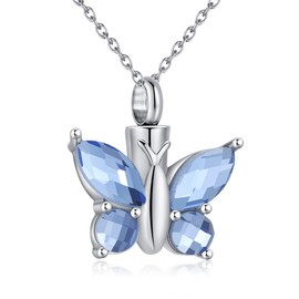 Eternal M. Butterfly Urn Necklace for Ashes Stainless Steel Silver Cremation Jewelry Keepsakes Pendants in Memory of Lost Loved One (Blue)