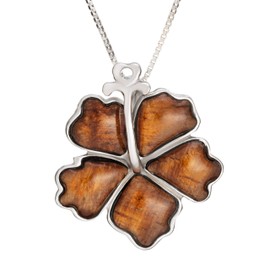 925 Sterling Silver Natural Koa Wood Inlay Hibiscus Flower Necklace Pendant, Hawaiian Tropical Design Jewelry, Hypoallergenic for Sensitive Skin, with 18" Box Chain (12mm)