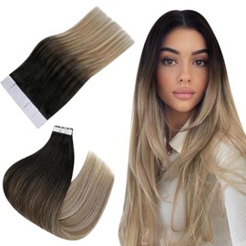 Easyouth #1B/8/22 Tape-In Real Hair Extensions, Remy, Off-Black, Ash Brown and Medium Blonde Mix, Ombre, Natural, Straight, 50 cm, 50 g