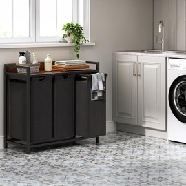 Herture Laundry Hamper with Shelf, Laundry Basket 3 Section, Laundry Sorter with Pull-Out Removable Large Bags and Movable Wheels, Metal Frame, 3 x 15.87 Gallons (60L), Rustic Brown + Blck PF04XLY