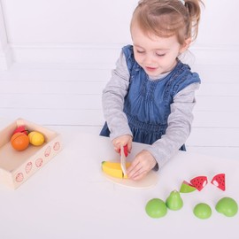 Bigjigs Toys Crate of Wooden Cutting Fruit with Chopping Board and Knife - Play Food Toys