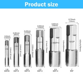 6-Piece BSP Pipe Tap Set, 1/8, 1/4, 3/8, 1/2, 3/4, 1 Inch Carbon Steel Hand Tap Set for Accurate Threads, Various Piping Mechanics, DIY Pipe Tap