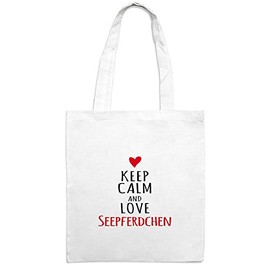 Jutebeutel mit Namen Seepferdchen - Motiv Keep Calm - Farbe weiß – Stoffbeutel, Jutesack, Hipster, Beutel