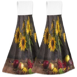 visesunny Sunflower Apple On Wooden Table Hanging Tie Towels 2 Pack Kitchen Hand Towels Dishcloths Sets with Loop Soft Cotton Absorbent Hand Towels for Bathroom Gym Restaurant Hotel BBQ Machine Washab