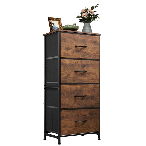 WLIVE Dresser with 4 Drawers, Fabric Storage Tower, Organizer Unit for Bedroom, Hallway, Entryway, Closets, Sturdy Steel Frame, Wood Top, Easy Pull Handle, Rustic Brown Wood Grain Print