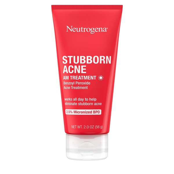 Neutrogena Stubborn Acne AM Face Treatment with 2.5% Micronized Benzoyl Peroxide Acne Medicine, Oil-Free Daily Facial Treatment to Reduce Size & Redness of Breakouts, Paraben-Free, 2 oz