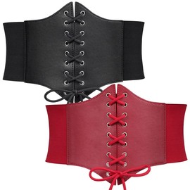 WERFORU 2 Pack Women Elastic Corset Belts Retro Wide Stretchy Tied Waspie Costume Waist Belt