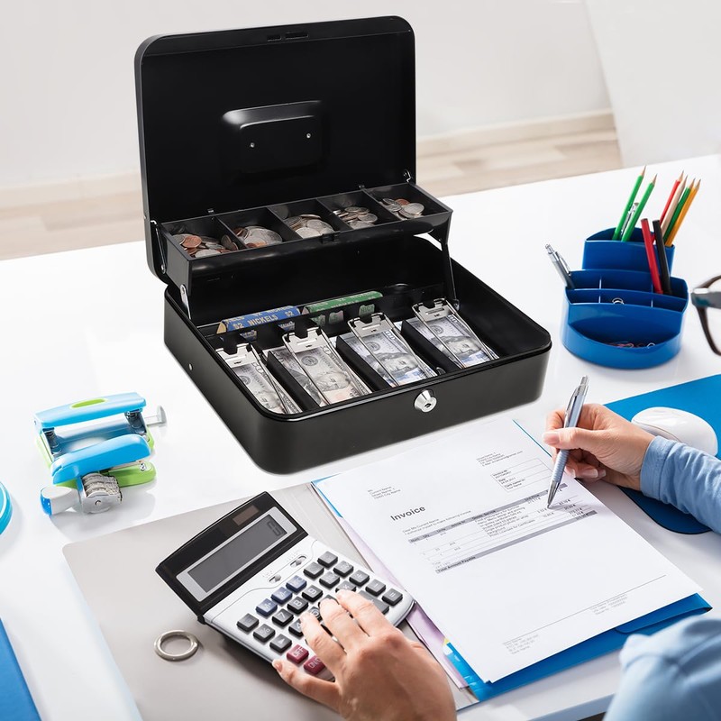 Cash Box with Money Tray and Key Lock,Safe Box for