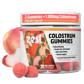 Zest Colostrum Supplement Gummy Chews for Adults - Ethically Sourced High IgG for Hair Health, Gut, Immunity, Bloating, Skin & Nails - Keto & Gluten Free - Peach Flavor (60 Gummies, 1,000mg Colostrum)