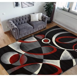HR Circle Pattern Area Rug 5x7 Geometric Contemporary Modern red Black & Grey Carpet Comfy shed Free Stain Resistant