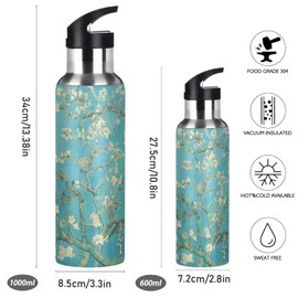 Almond Blossom Water Bottle with Straw Lid Vacuum Insulated Stainless Steel Thermo Flask Water Bottle 20oz