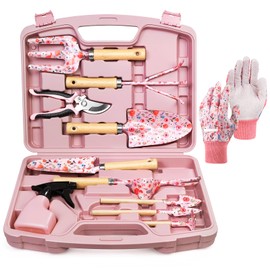 Grenebo 12-Piece Womens Gardening Tools Gift Set, Rust-Proof & Heavy-Duty Garden Tools with Durable Carrying Case, Fashionable & Thoughtful Gardening Gifts for Women&Men (Pink)