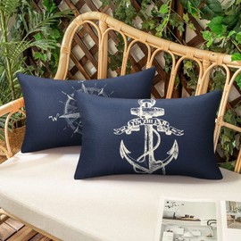 HomeStilez Cushion Covers 30 x 50 cm Nautical Sailing Cushion Covers Navy Blue Rudder Anchor Sailing Boat Compass Outdoor Waterproof Linen Cushion Cover Set of 4 for Sofa Couch Bedroom Patio Garden