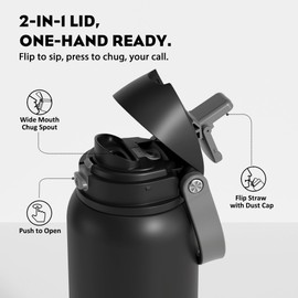 POWCAN 40 oz Insulated Water Bottle for Men: Push-Button Spout & Quick-Flip Straw, Leakproof, Cold for 24 Hrs, Stainless Steel Large Water Bottle for Sports, Camping, Trips, Outdoors (Midnight Black)
