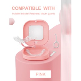 HEMILAB® Retainer Case with Mirror, Slim Aligner Case with Vent Holes, Compatible with Invisalign, Mouth Guard Box with Retainer Removal Tool, Pink