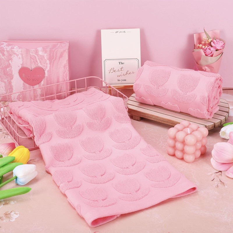 AnyDesign 2Pcs Tulip Hand Towels Jacquard Cotton Bath Towel Spring