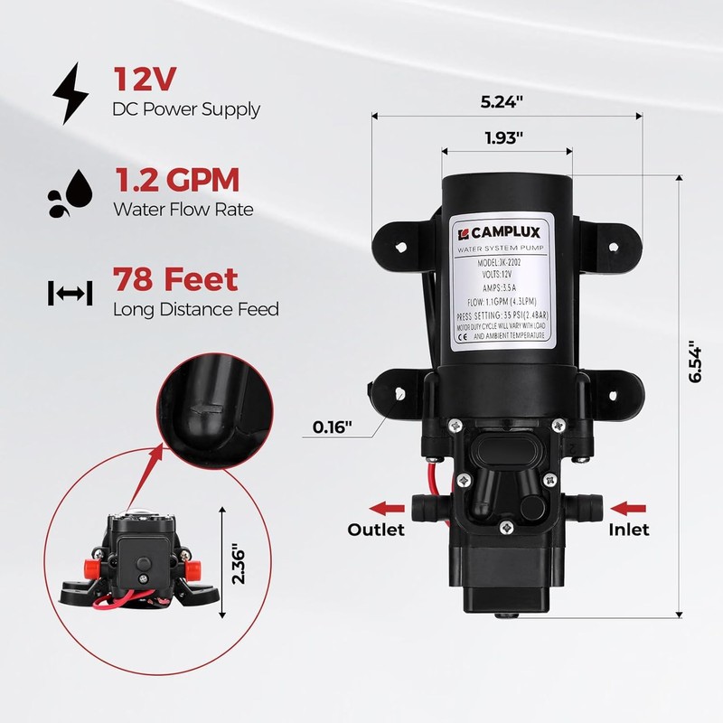CAMPLUX 12V DC Water Pump, 1.2 GPM Pressure Diaphragm Pump