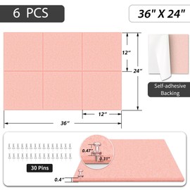 BXI Felt Bulletin Board - 36 X 24 Inches, 6 Pcs Self-Adhesive Decor Cork Boards with 30 Pushpins, Sturdy Acoustic Wall Panels for Office Work, Poster Pin Tiles for Teen Dorm Room Kitchen Classroom